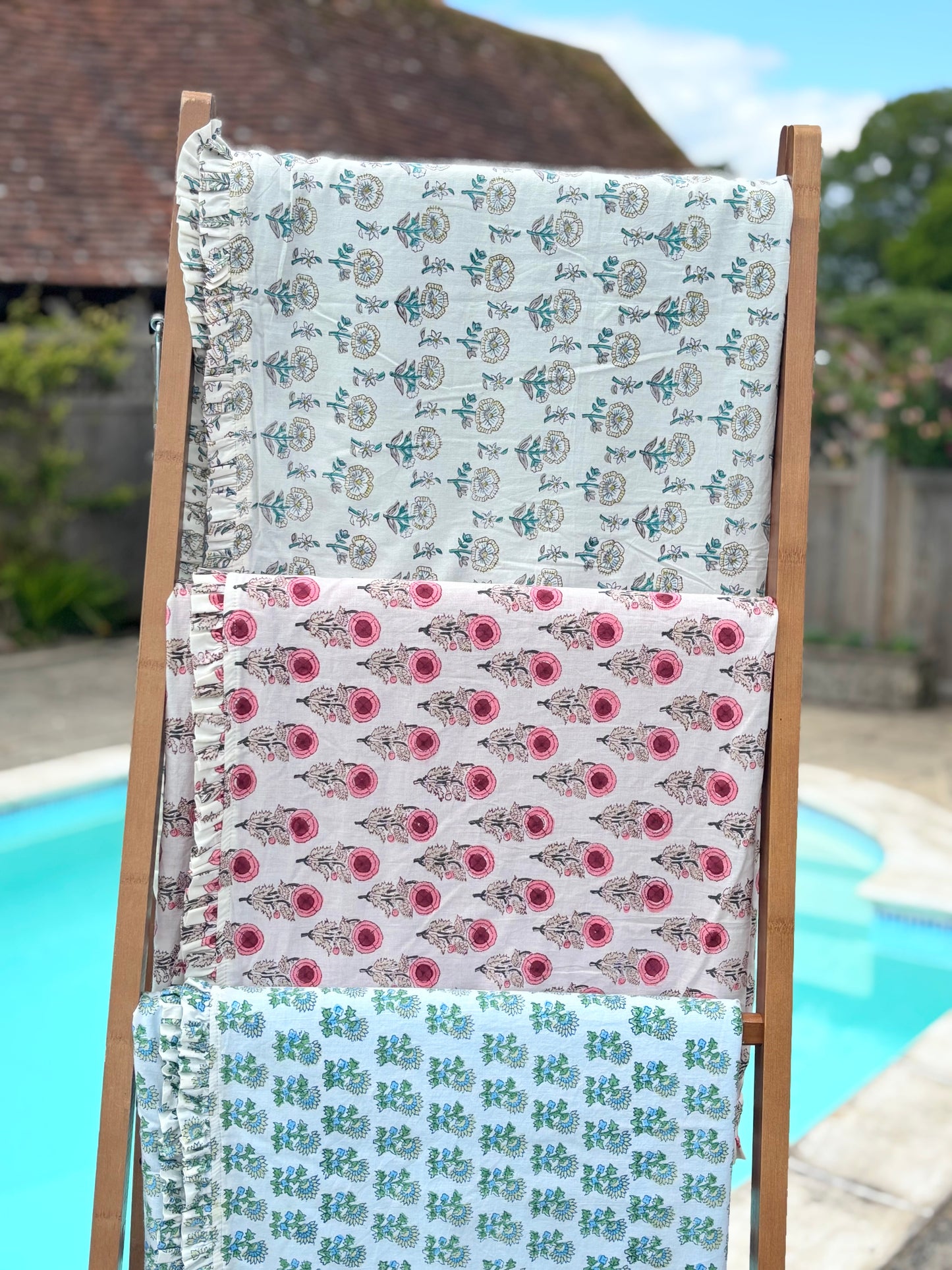 Blue Daisy block print beach towel