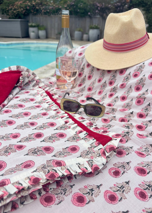 Red poppy block print beach towel