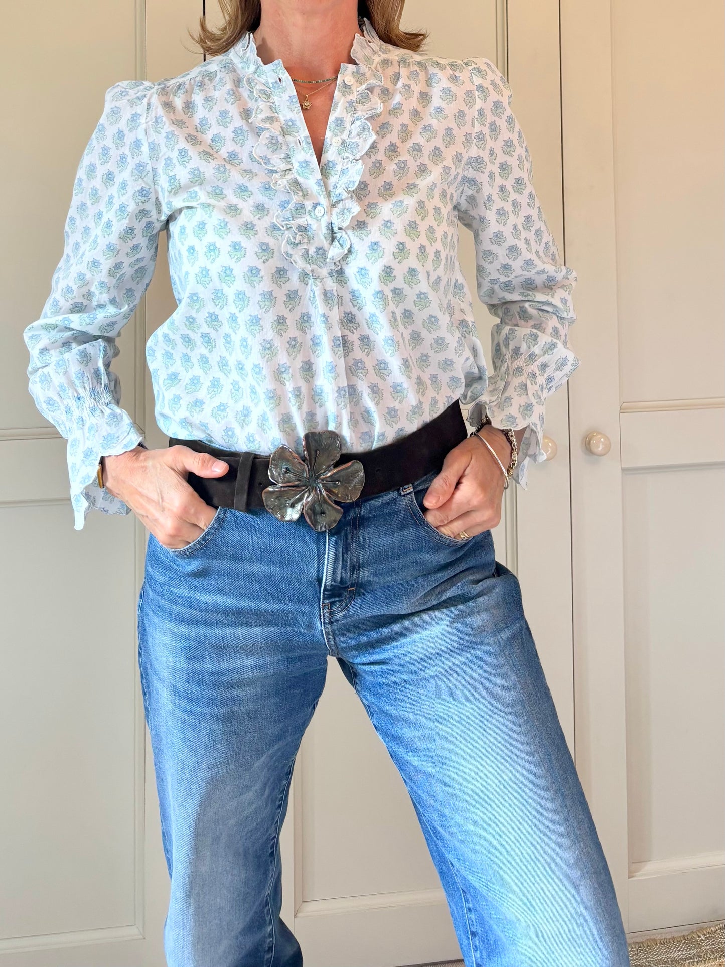 Petal Block Print Blouse in Blue Daisy