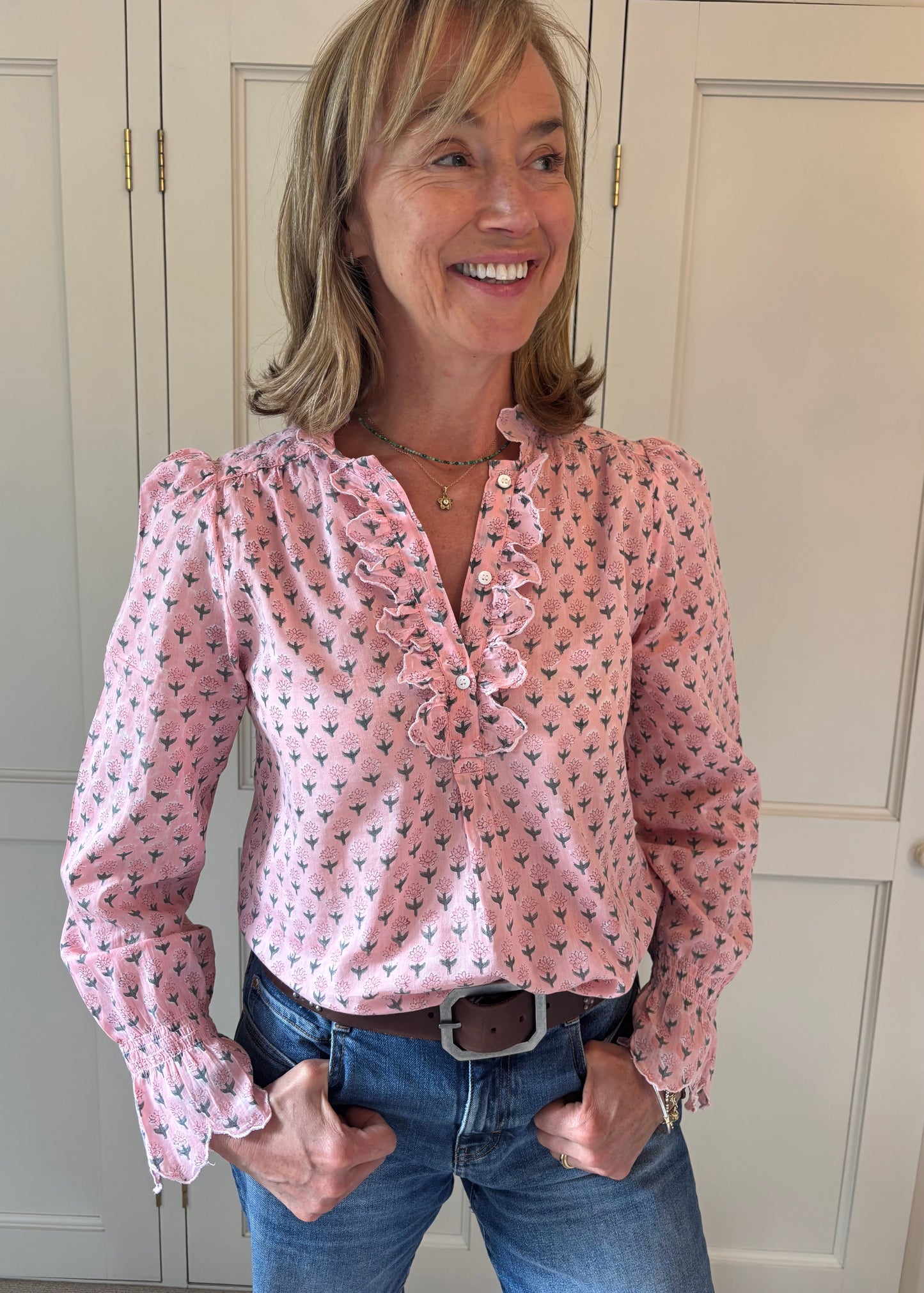Petal Block Print Blouse in Pink Blossom